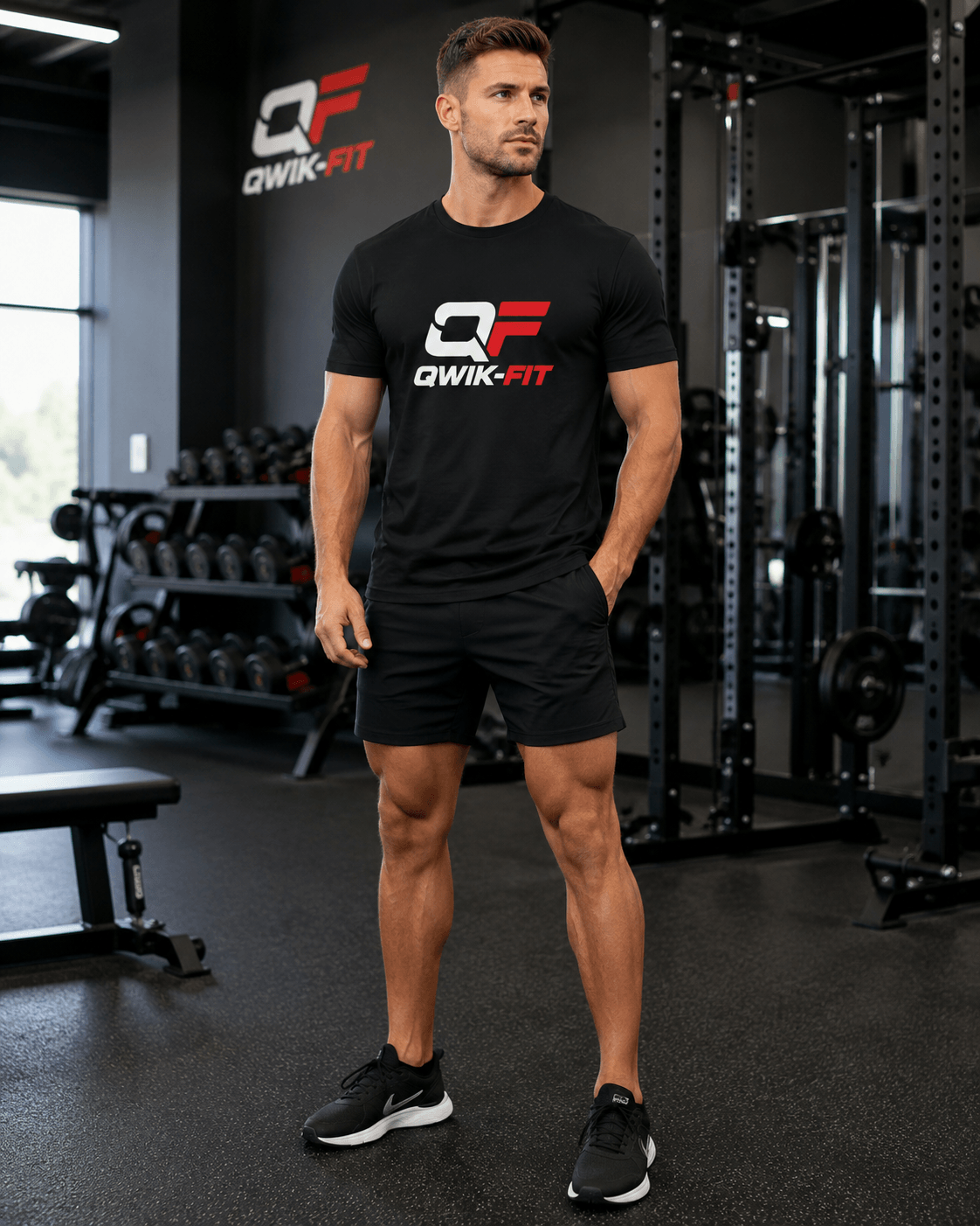 Man wearing a moisture-wicking training shirt in a gym setting, ideal for workouts and active use.