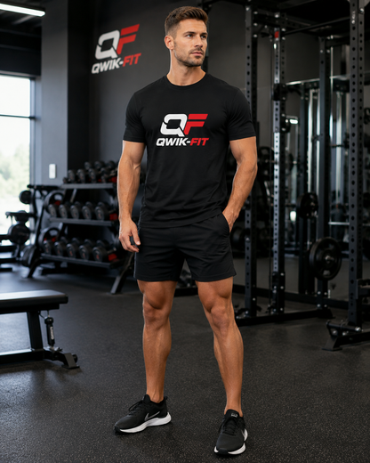 Printify QWIK-FIT Performance Tee moisture-wicking gym T-shirt shown in black with athletic fit and short sleeves.