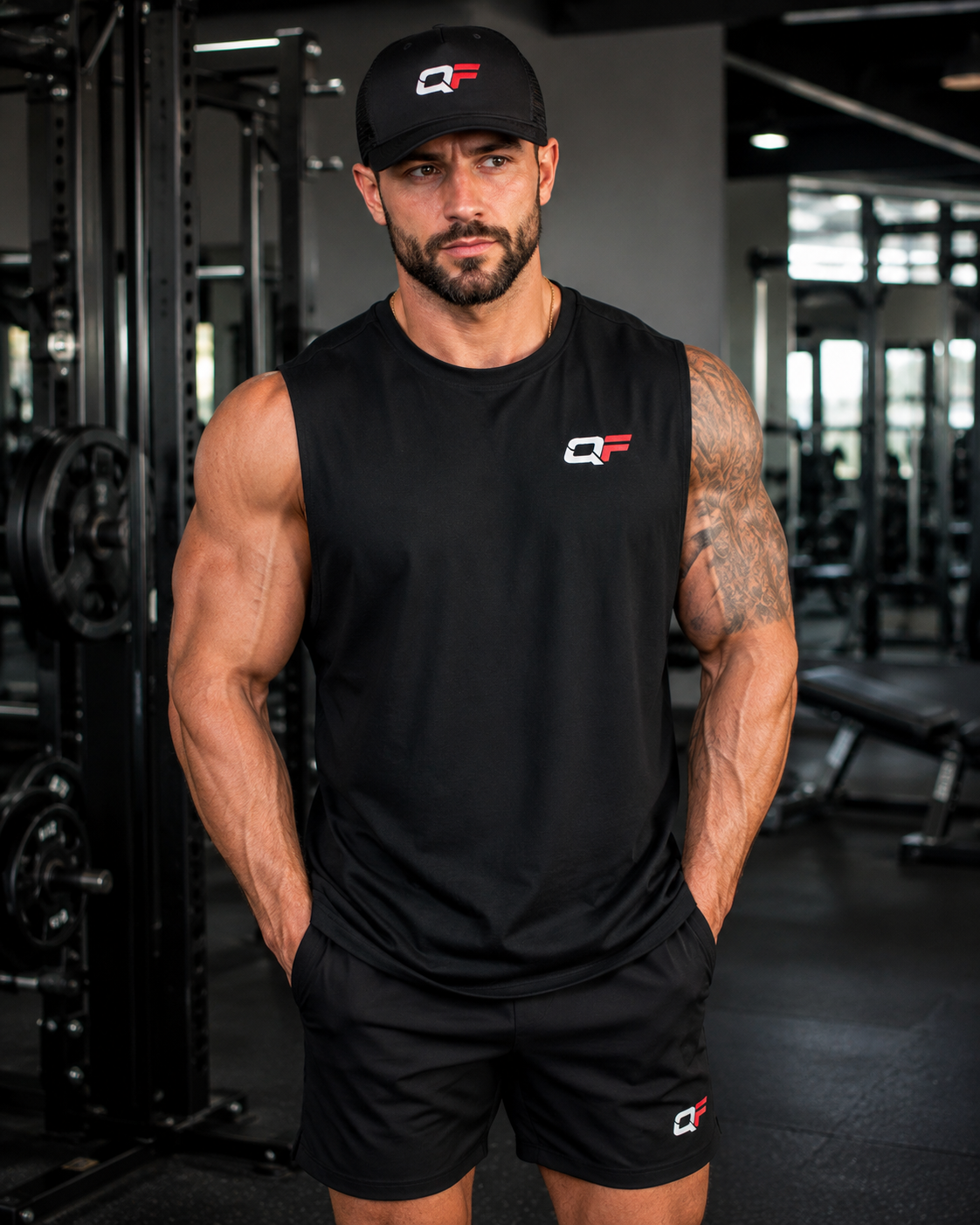 QF Logo Trucker Cap — Black Mesh Baseball Hat