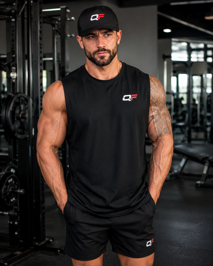 QF Logo Trucker Cap — Black Mesh Baseball Hat