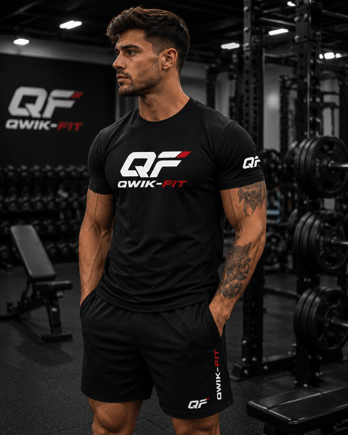 Man wearing a black performance workout shirt in a gym setting, ideal for strength training and activewear.