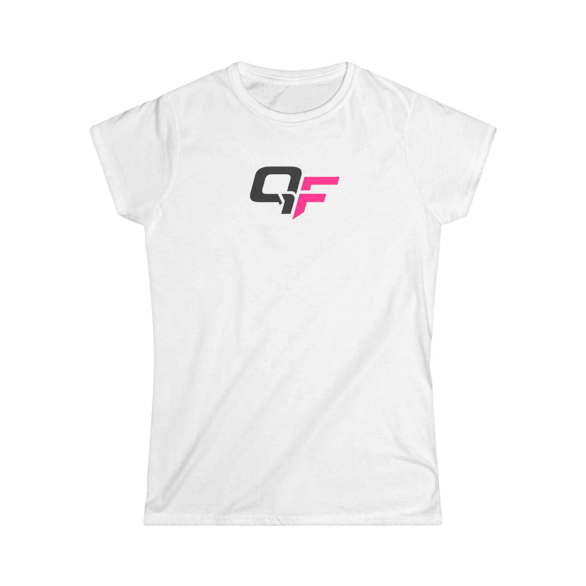 Women's athletic softstyle tee shirt in white with a stylish QF logo for versatile activewear and casual comfort.