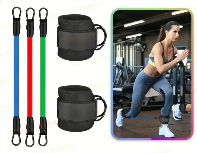 5pcs TPE Ankle Resistance Bands for leg training with exercise accessories and a model demonstrating use.