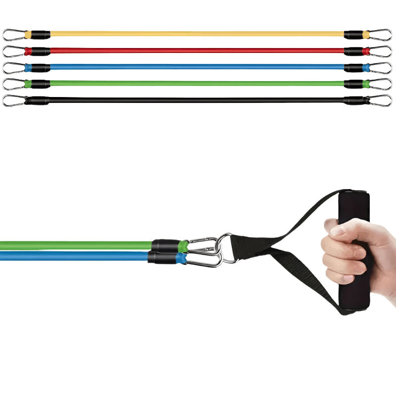 TPE resistance fitness set comprising colorful resistance bands and a grip handle for strength training.