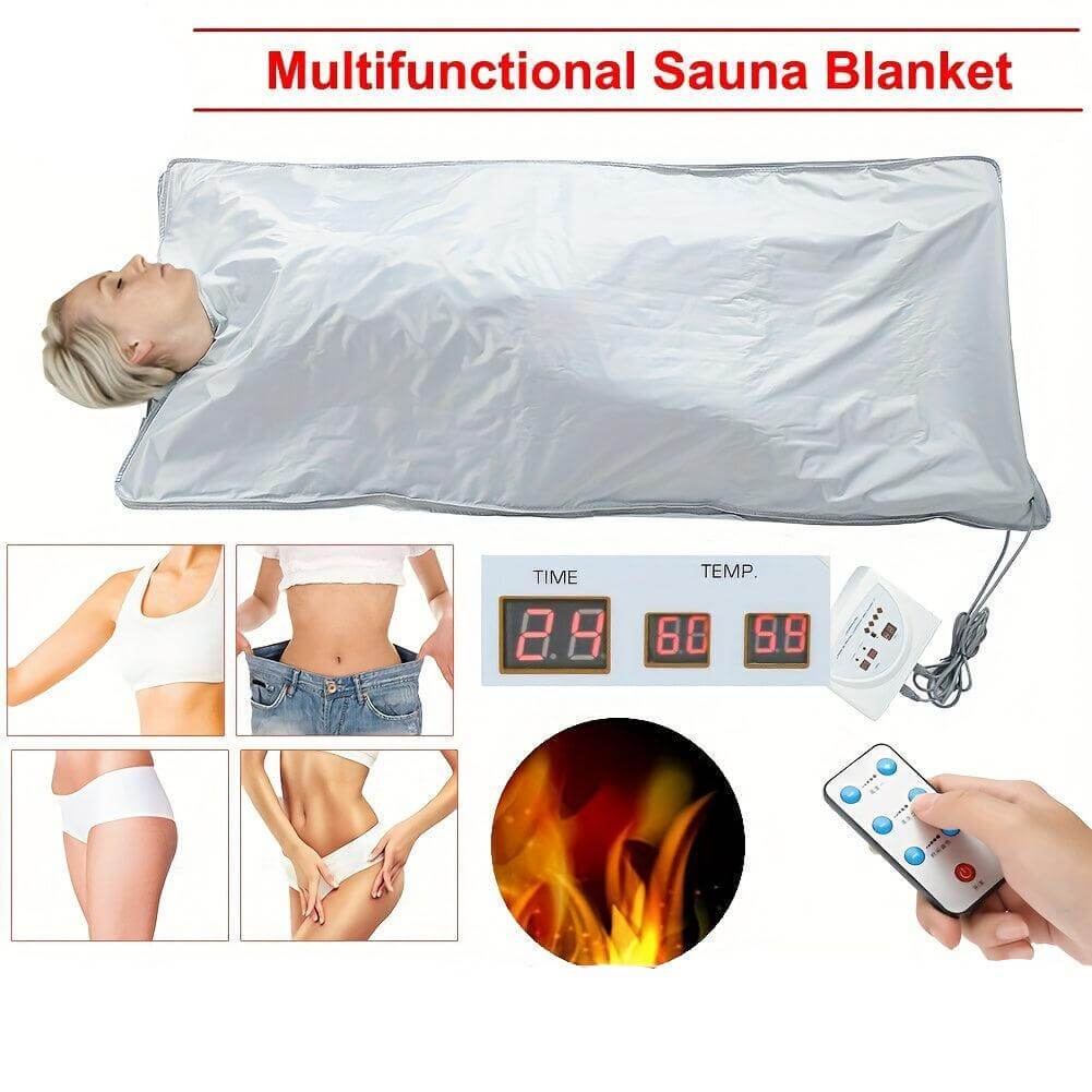 Far infrared sauna blanket for detox showcasing a woman inside, control panel, and various slimming images.