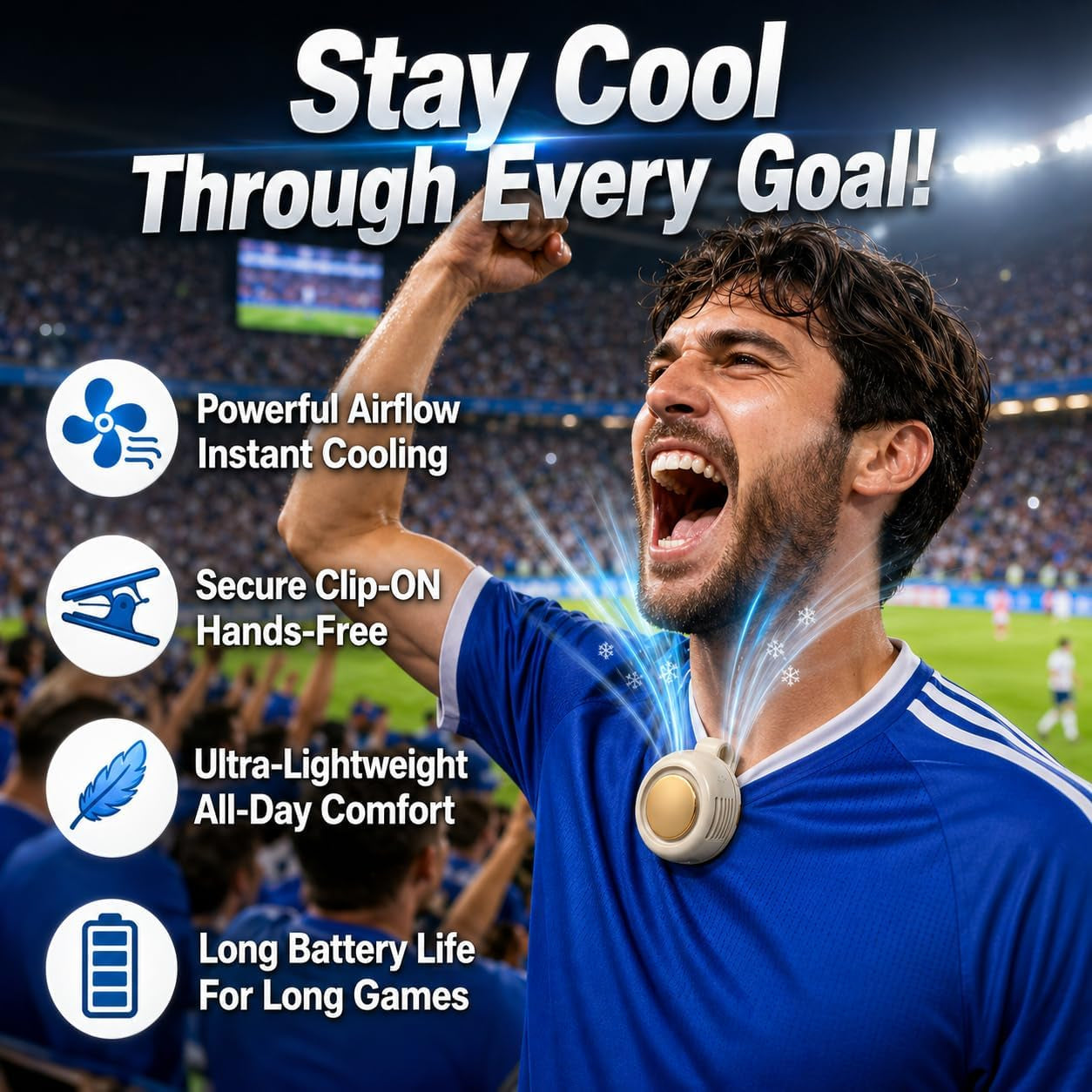 Man celebrating at a sports event wearing a portable clip-on bladeless fan for hands-free cooling during the game.