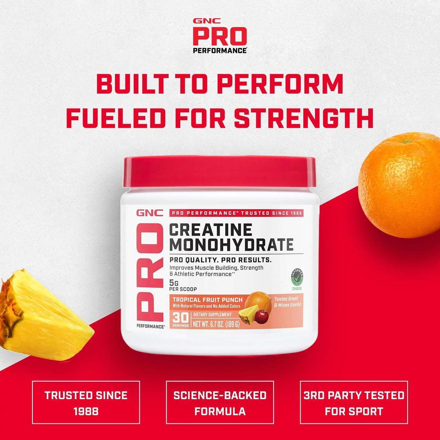 GNC Pro Performance Micronized Creatine Monohydrate - Daily Workout Supplement for Elite Athletes - Micronized Creatine Powder Drink Mix - Sports Nutrition - Tropical Punch - 30 Servings