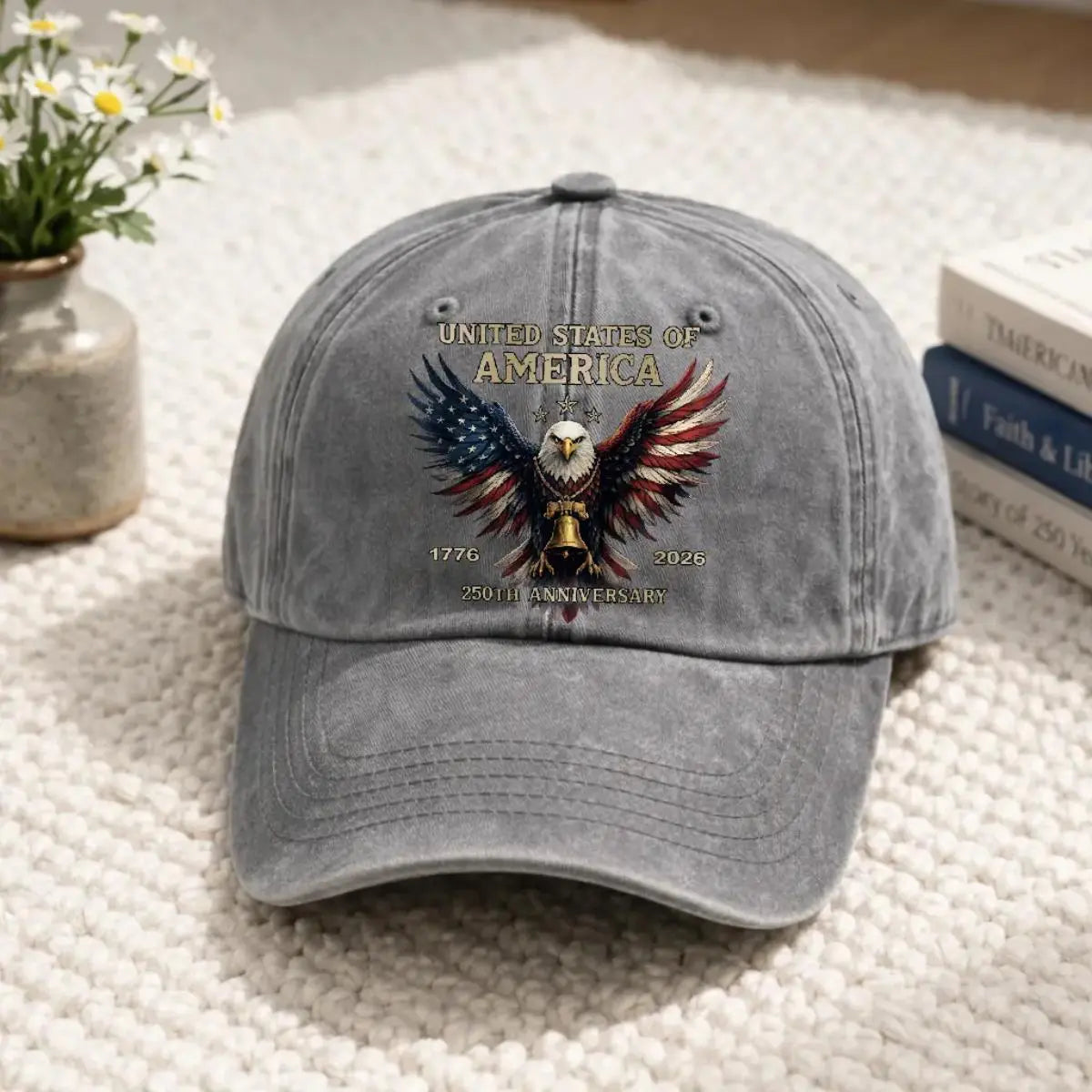 USA 250th Anniversary patriotic baseball cap featuring bald eagle, American flag design, adjustable fit, suitable for 4th of July celebrations.