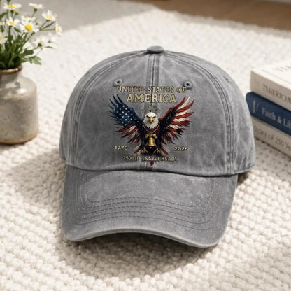 USA 250th Anniversary patriotic baseball cap featuring bald eagle, American flag design, adjustable fit, suitable for 4th of July celebrations.