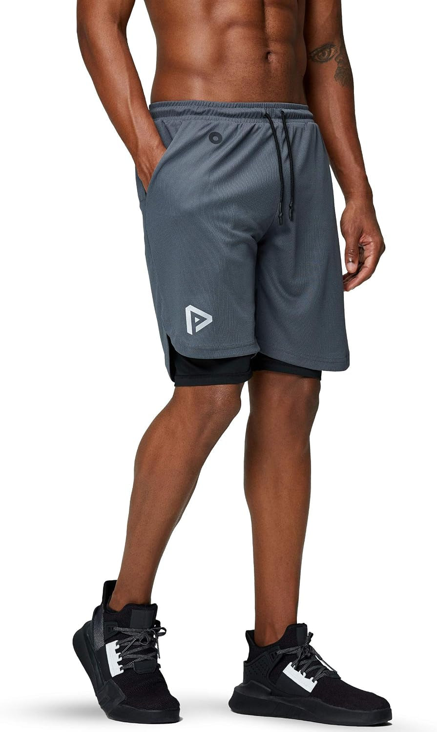 Pinkbomb men's 2-in-1 running shorts with quick-dry fabric and phone pocket, ideal for gym workouts and active wear.