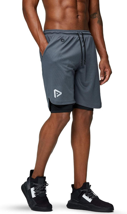 Pinkbomb men's 2-in-1 running shorts with quick-dry fabric and phone pocket, ideal for gym workouts and active wear.
