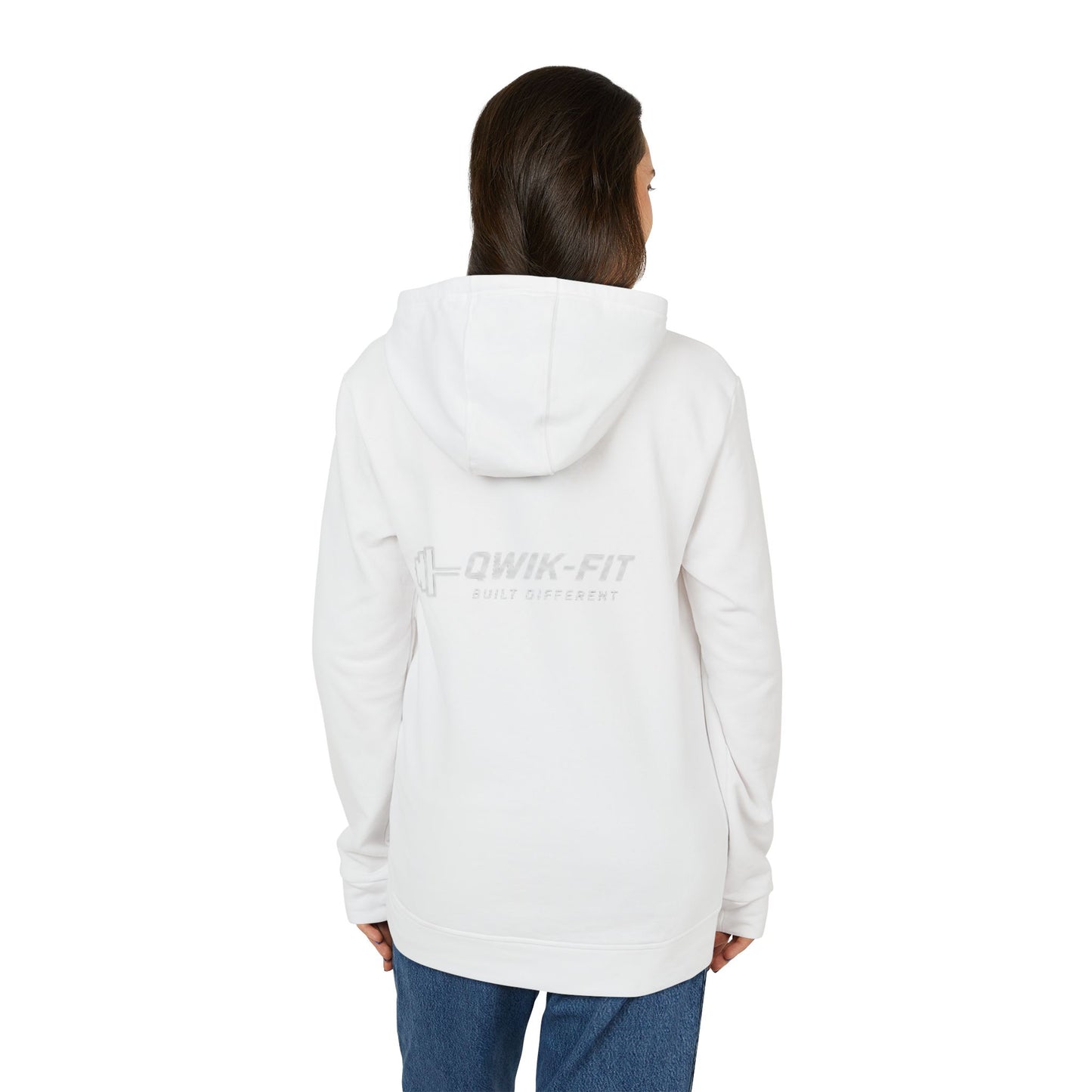 White Adidas hoodie with Qwik-Fit logo, athletic pullover featuring a front pocket and drawstring hood, casual sportswear style.