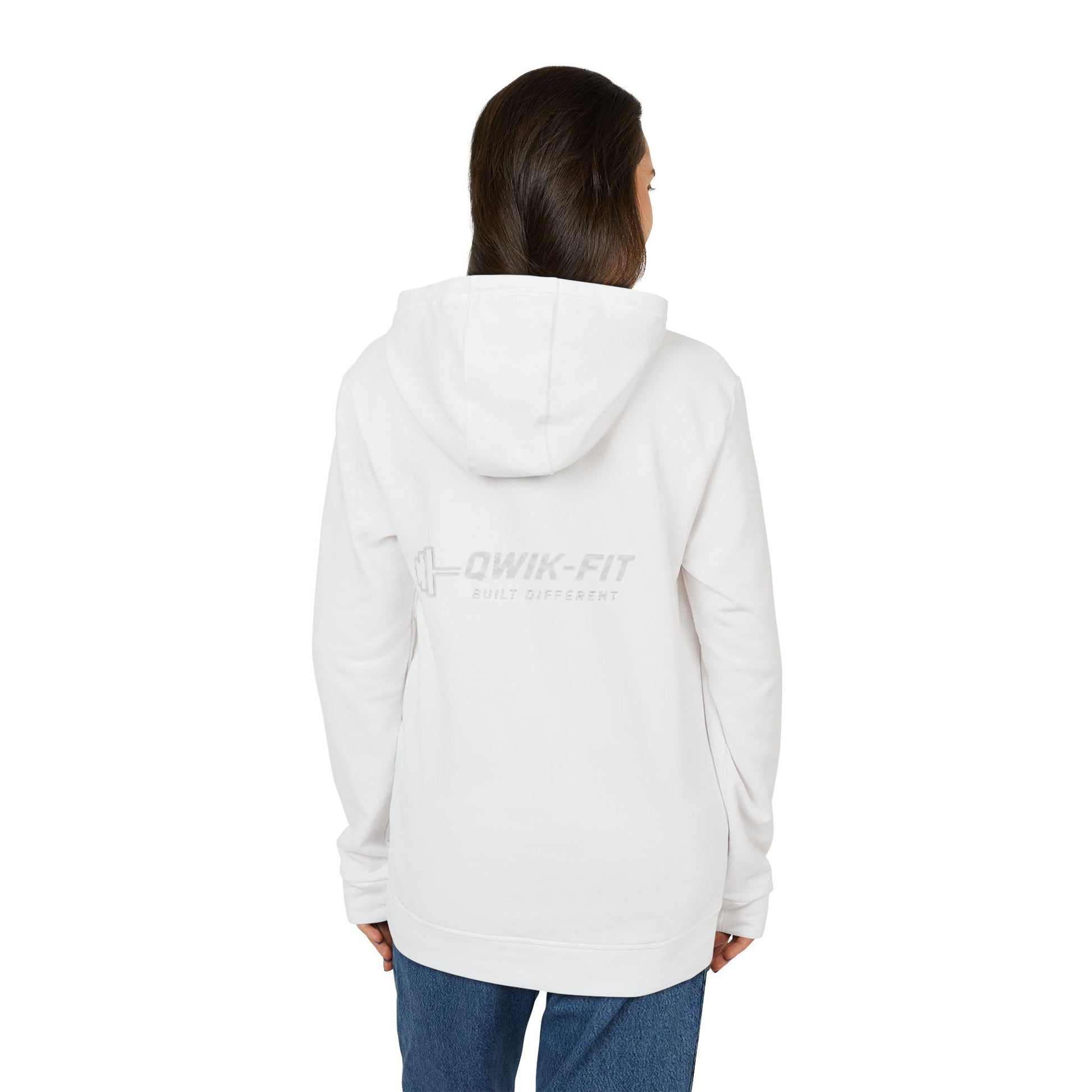 White Adidas hoodie with Qwik-Fit logo, athletic pullover featuring a front pocket and drawstring hood, casual sportswear style.