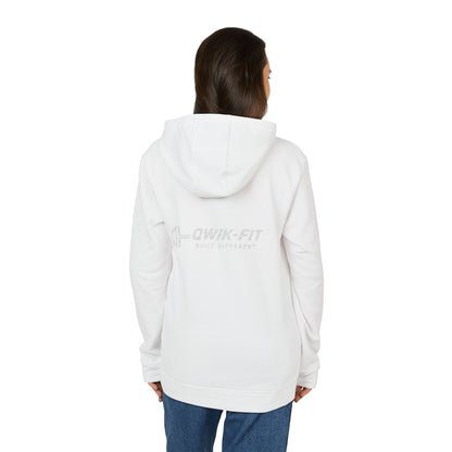 White Adidas hoodie with Qwik-Fit logo, athletic pullover featuring a front pocket and drawstring hood, casual sportswear style.