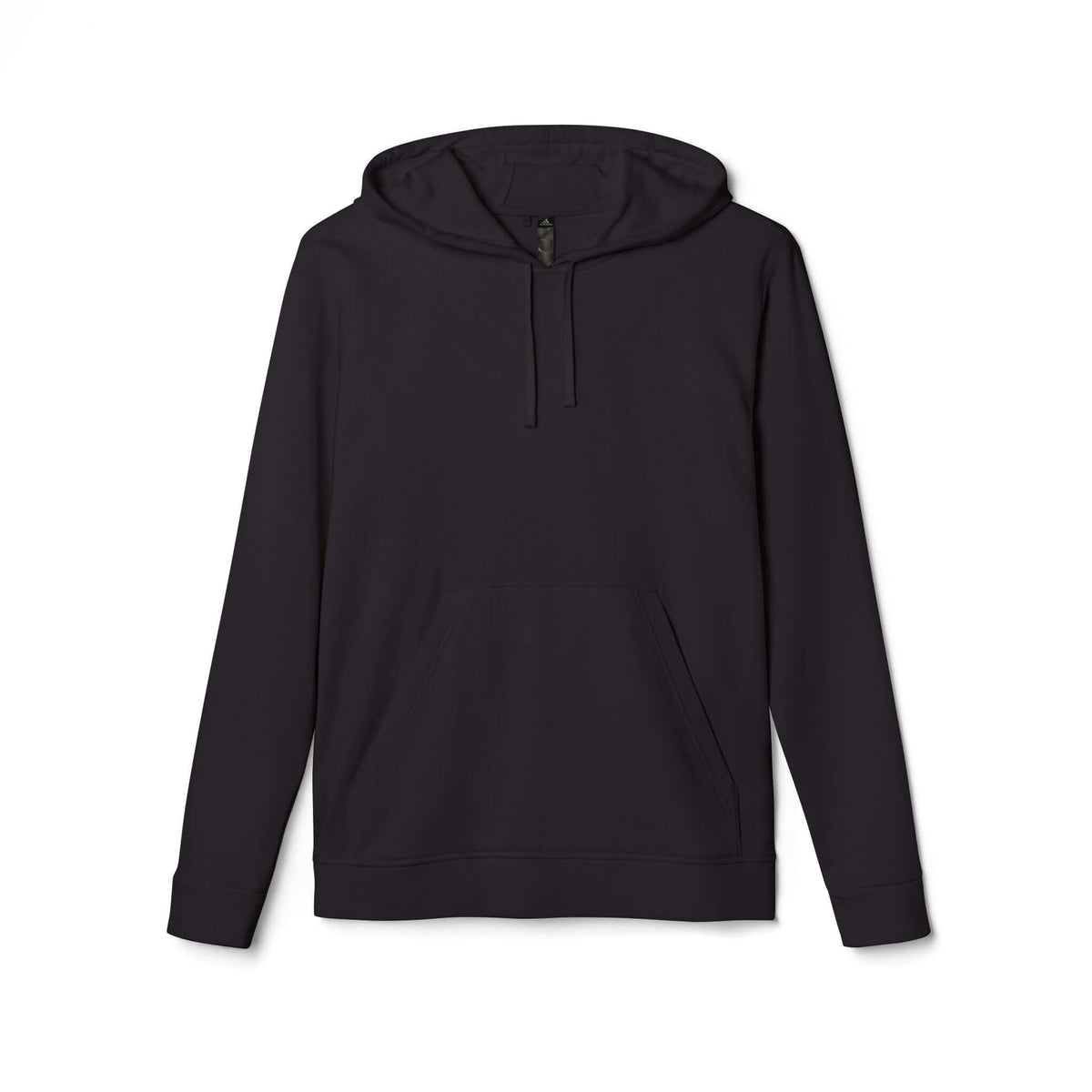 Black Adidas hoodie athletic pullover with a hood and front pocket, perfect for casual and athletic wear.