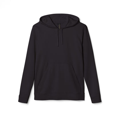 White Adidas Qwik-Fit Logo athletic hoodie, pullover style with front print, made by Printify, suitable for casual and sportswear.