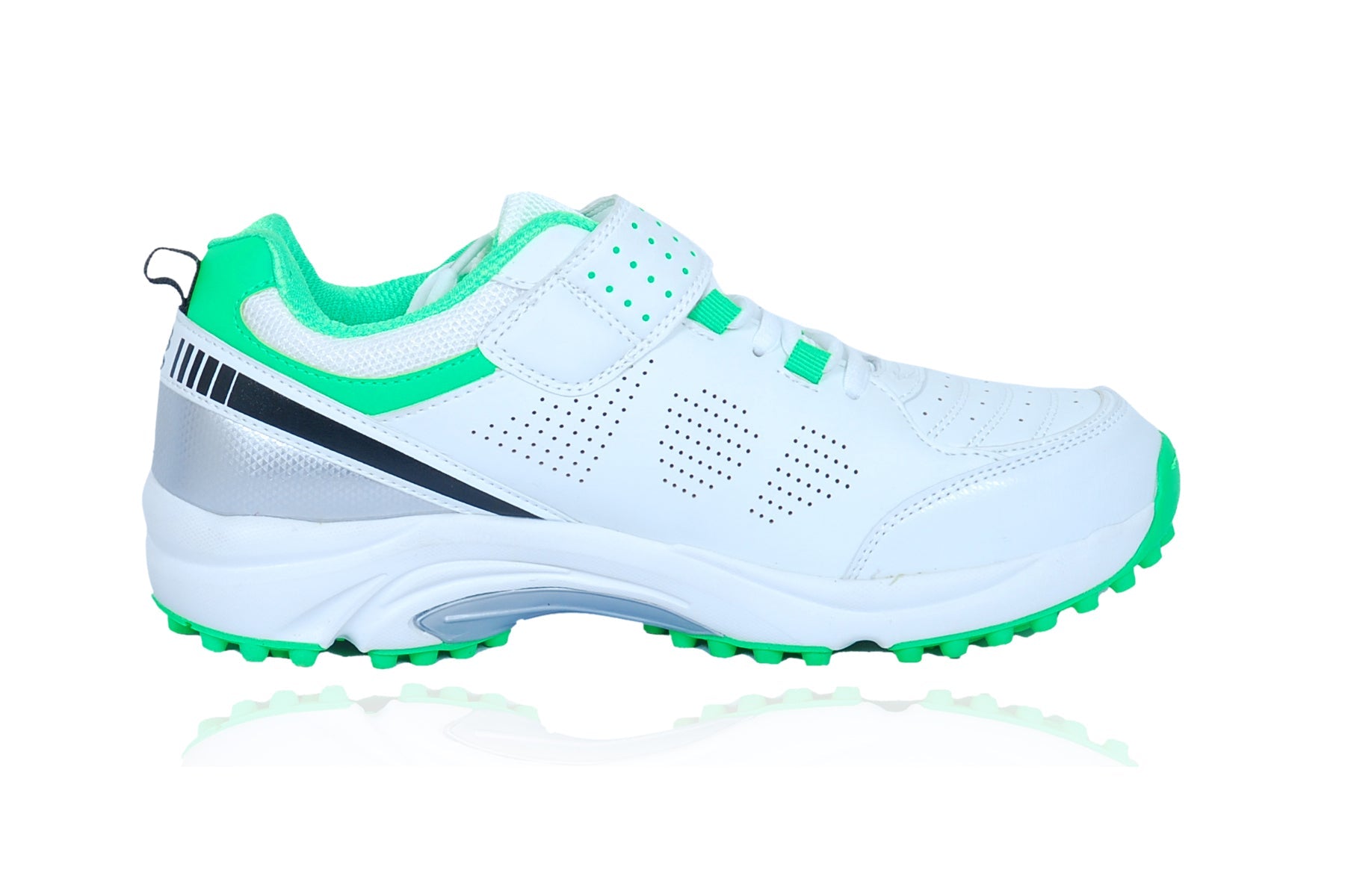 BS Cricket Shoes R60 in white and green, designed for professional cricket shoes with air cushioning for support.