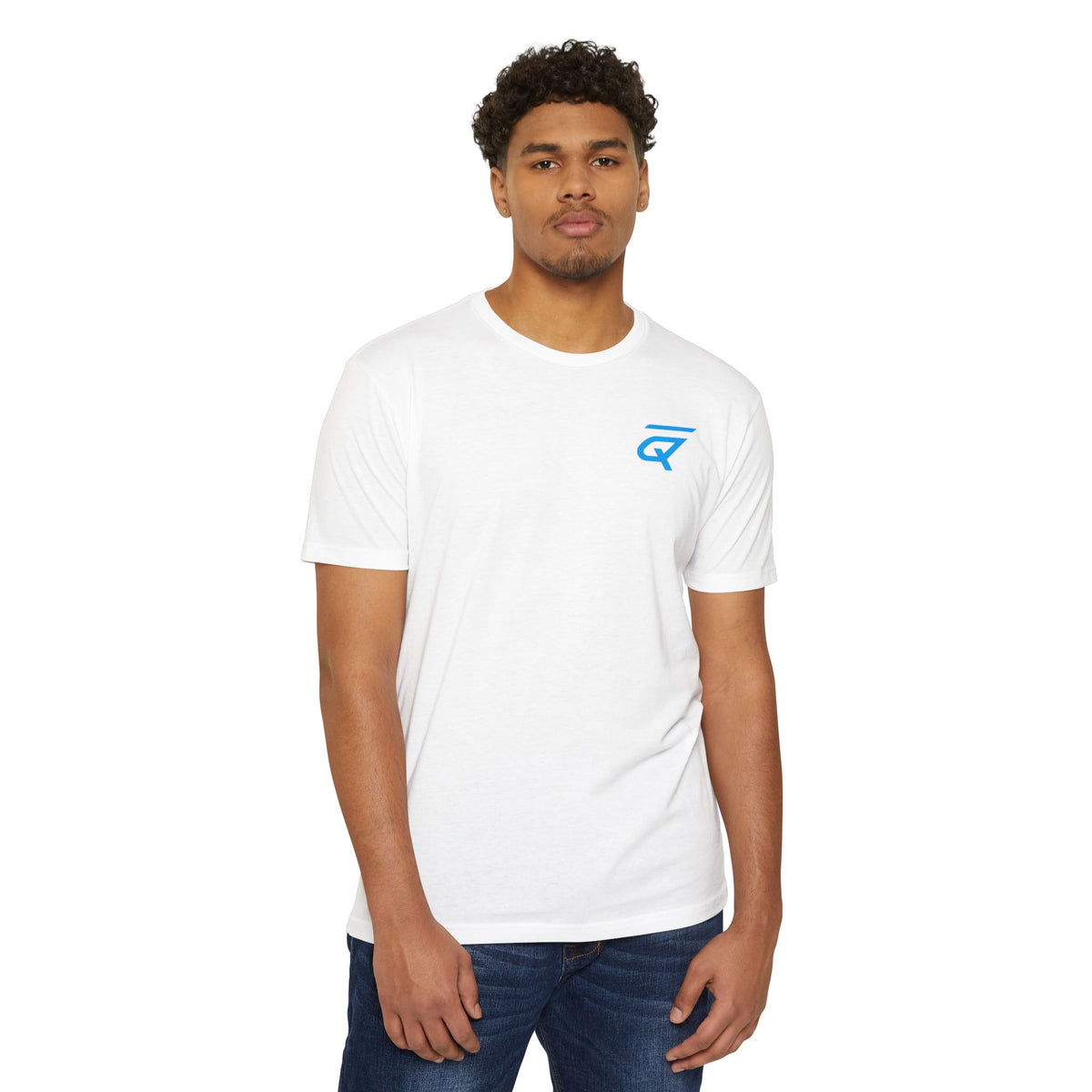 Durable lightweight cotton-poly t-shirt featuring a blue logo on a white background, classic fit, model wearing it.
