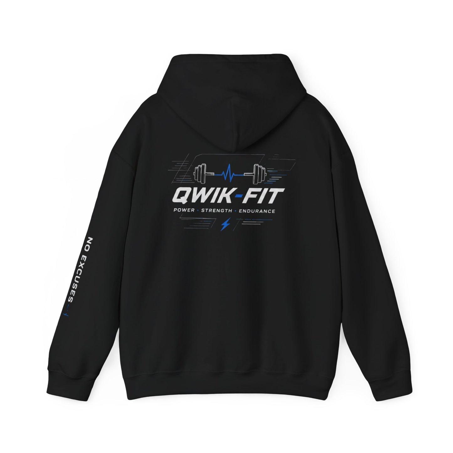 Printify fitness hoodie with barbell logo, Qwik-Fit gym pullover in soft fabric, ideal for workout and casual wear.