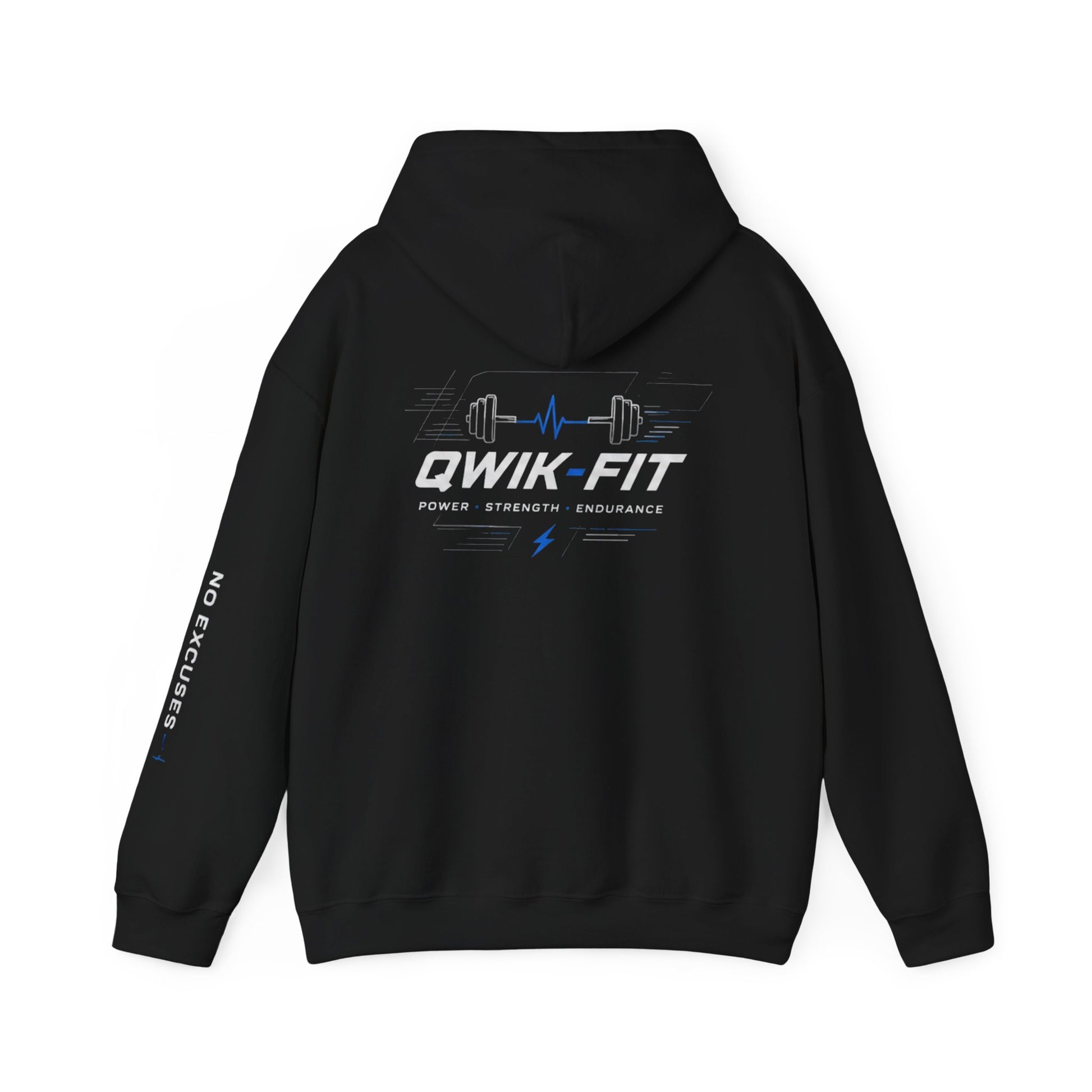Printify fitness hoodie with barbell logo, Qwik-Fit gym pullover in soft fabric, ideal for workout and casual wear.