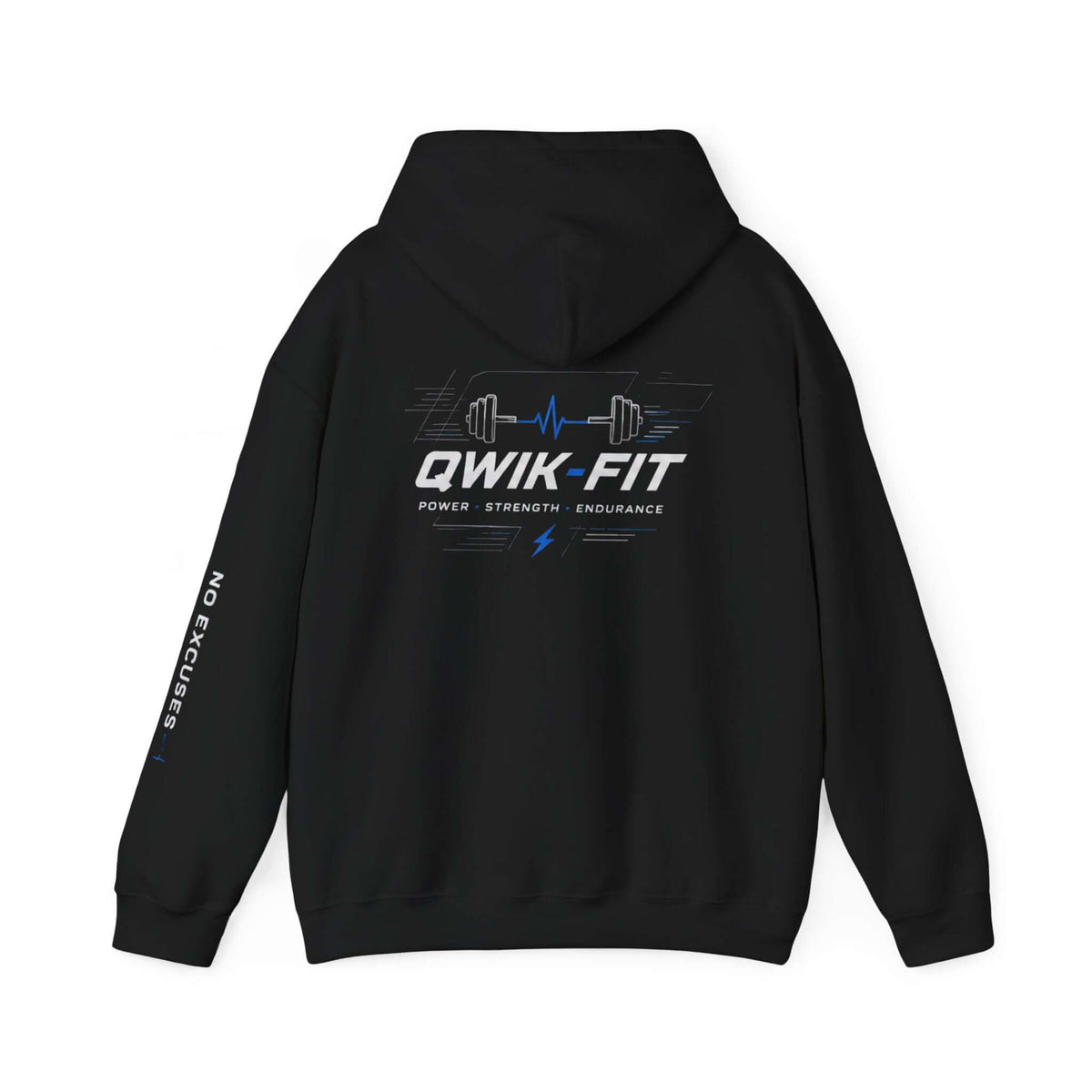 Qwik-Fit fitness hoodie showing barbell logo and motivational text, perfect for gym enthusiasts and casual wear.