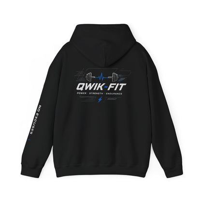 Printify fitness hoodie with barbell logo, Qwik-Fit gym pullover in soft fabric, ideal for workout and casual wear.