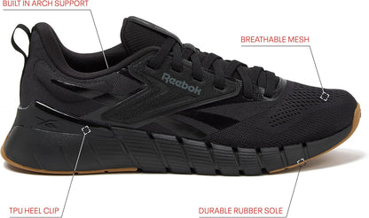 Reebok Nano Gym 1.0 men's athletic workout shoes with black and gray design, suitable for training and gym activities.