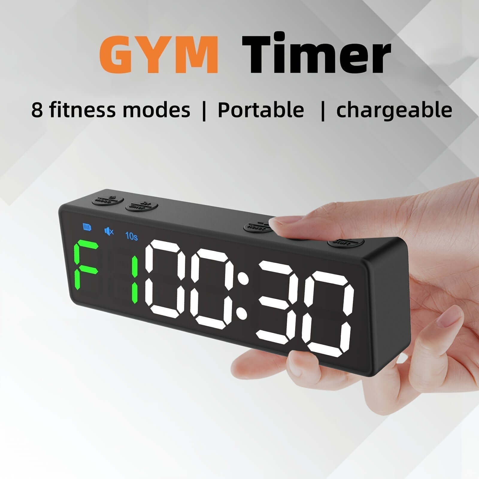 Rechargeable gym timer for workouts featuring 8 fitness modes, portable design, and easy user-friendly interface.