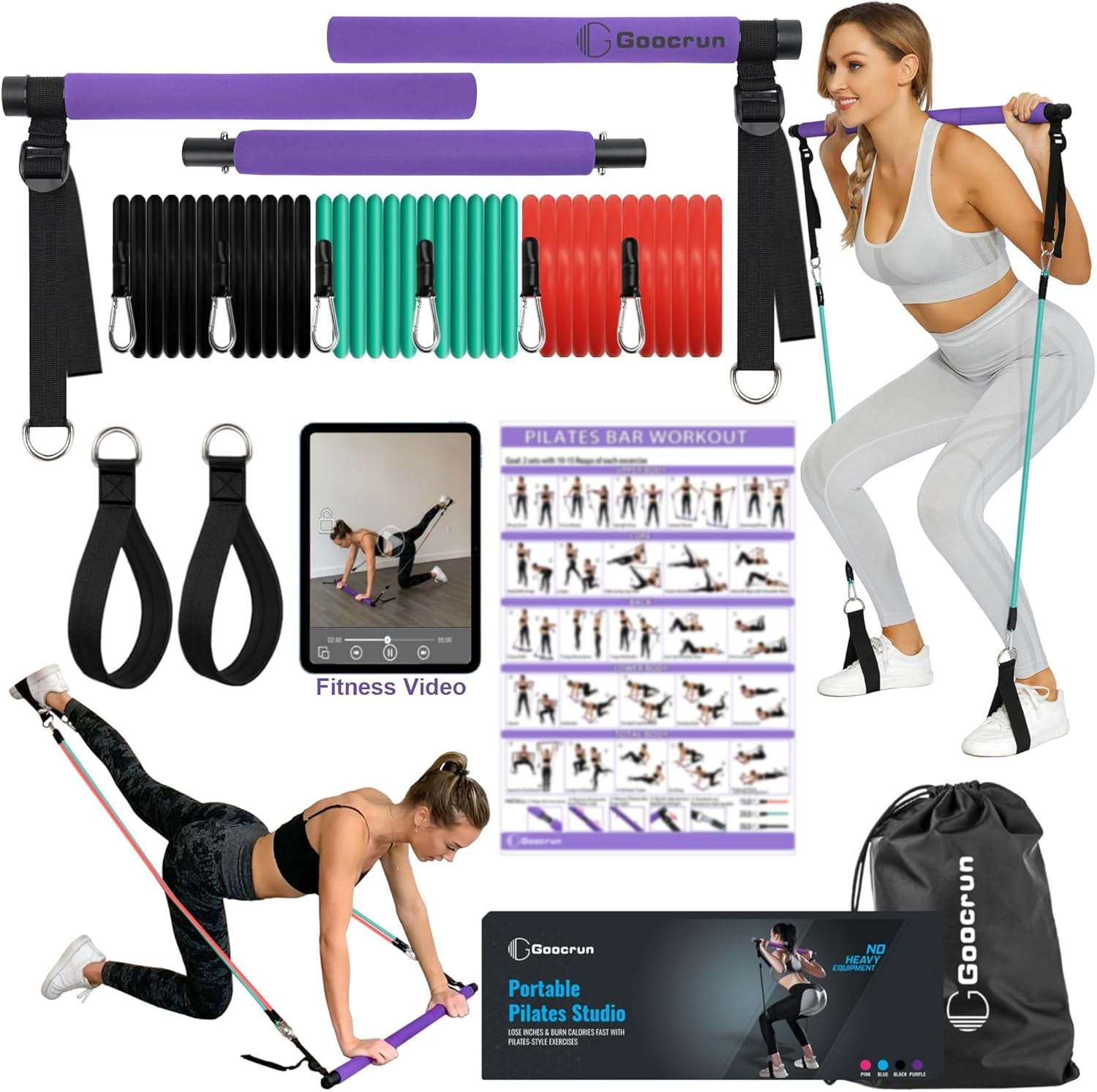 Goocrun portable Pilates bar kit with resistance bands, fitness poster, and video, designed for full-body home workouts.