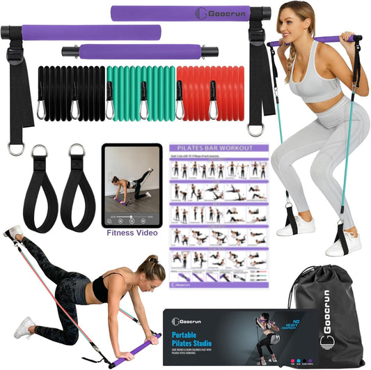 Goocrun portable Pilates bar kit with resistance bands, fitness poster, and video, designed for full-body home workouts.