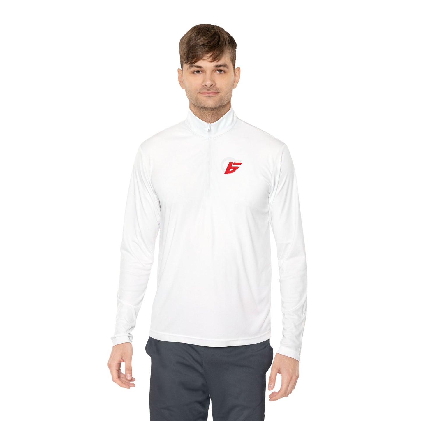 Quarter-Zip Pullover with Small Red 'F' Logo — Minimal Athletic Pullover