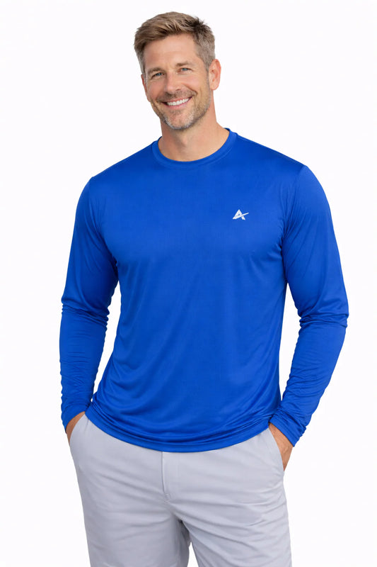 Men's cooling long sleeve t-shirt in Polar Blue, designed for comfort and cooling during athletic activities.