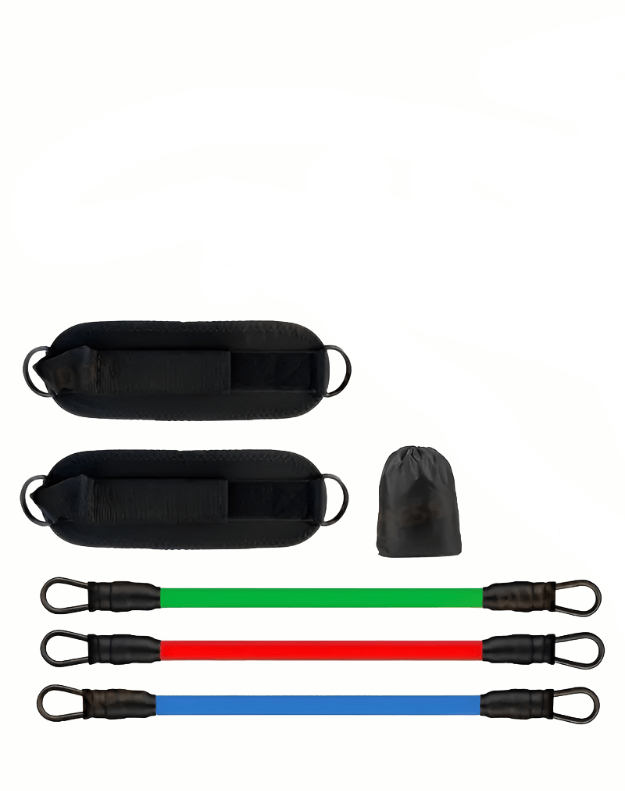 5pcs TPE ankle resistance bands for leg training with black ankle straps and colorful bands in green, red, blue.