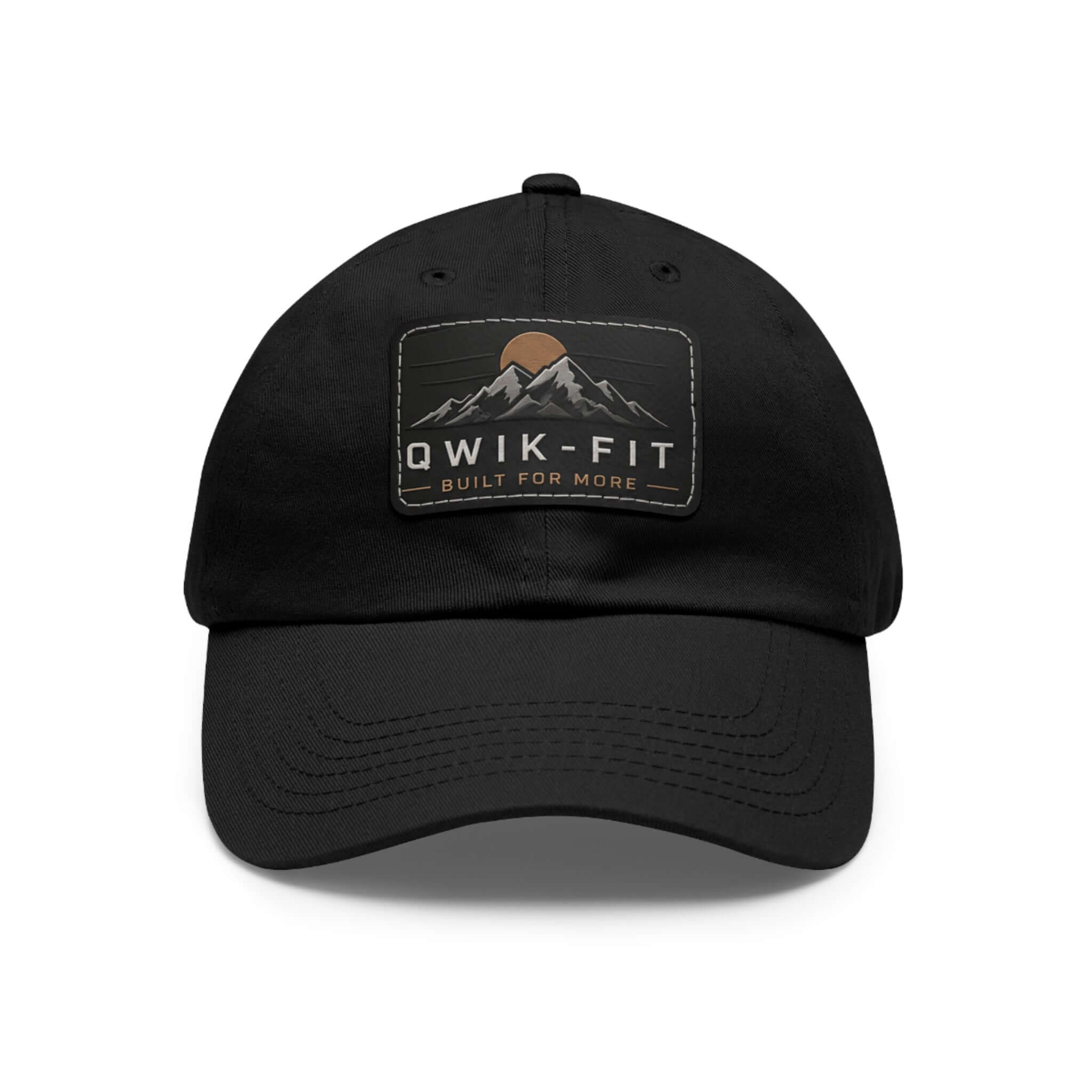 Black leather patch dad hat with rectangular patch, perfect for outdoor activities and casual wear.