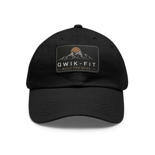 Personalized dad hat with leather patch in black featuring a rectangular leather patch with mountain design.