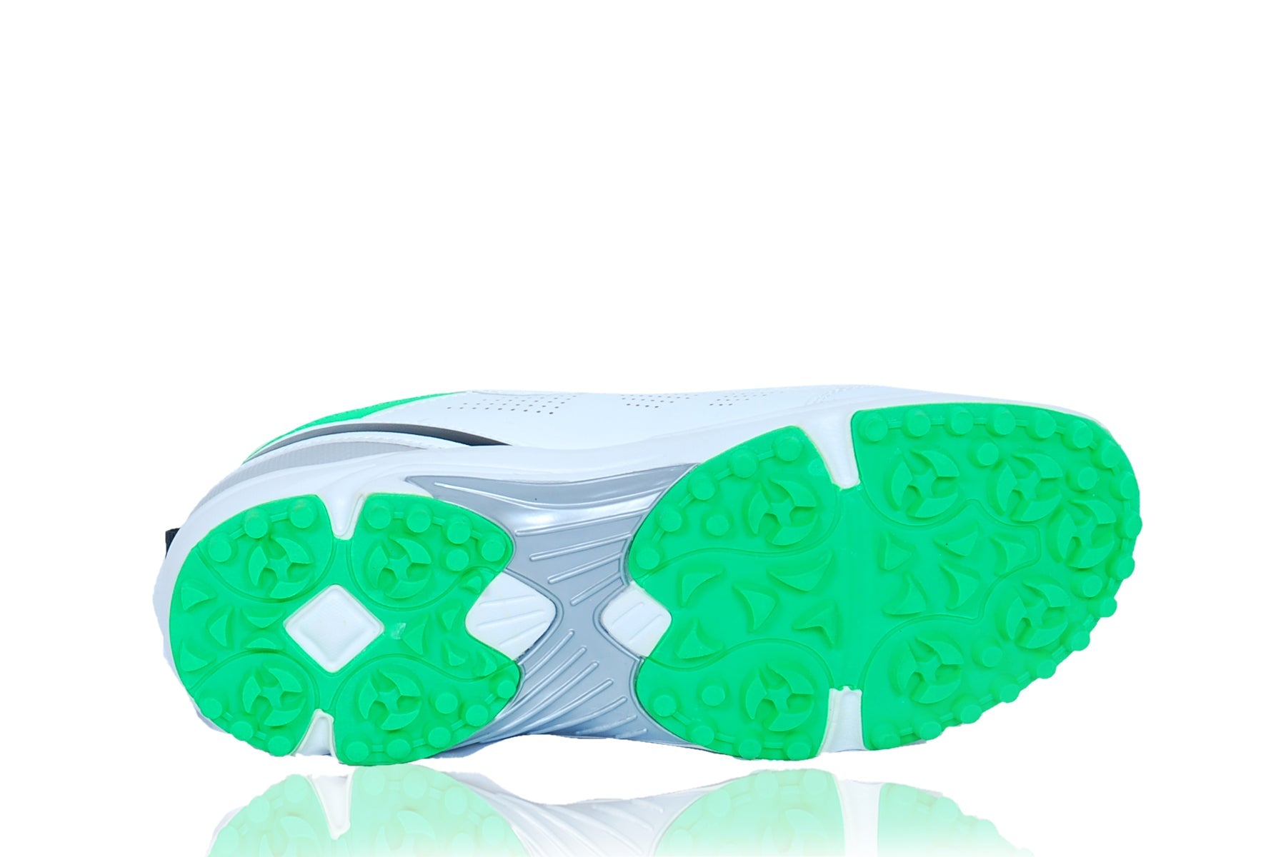 BS Cricket Shoes R60 sole design showcasing professional cricket shoes with air cushioning and vibrant green outsole.