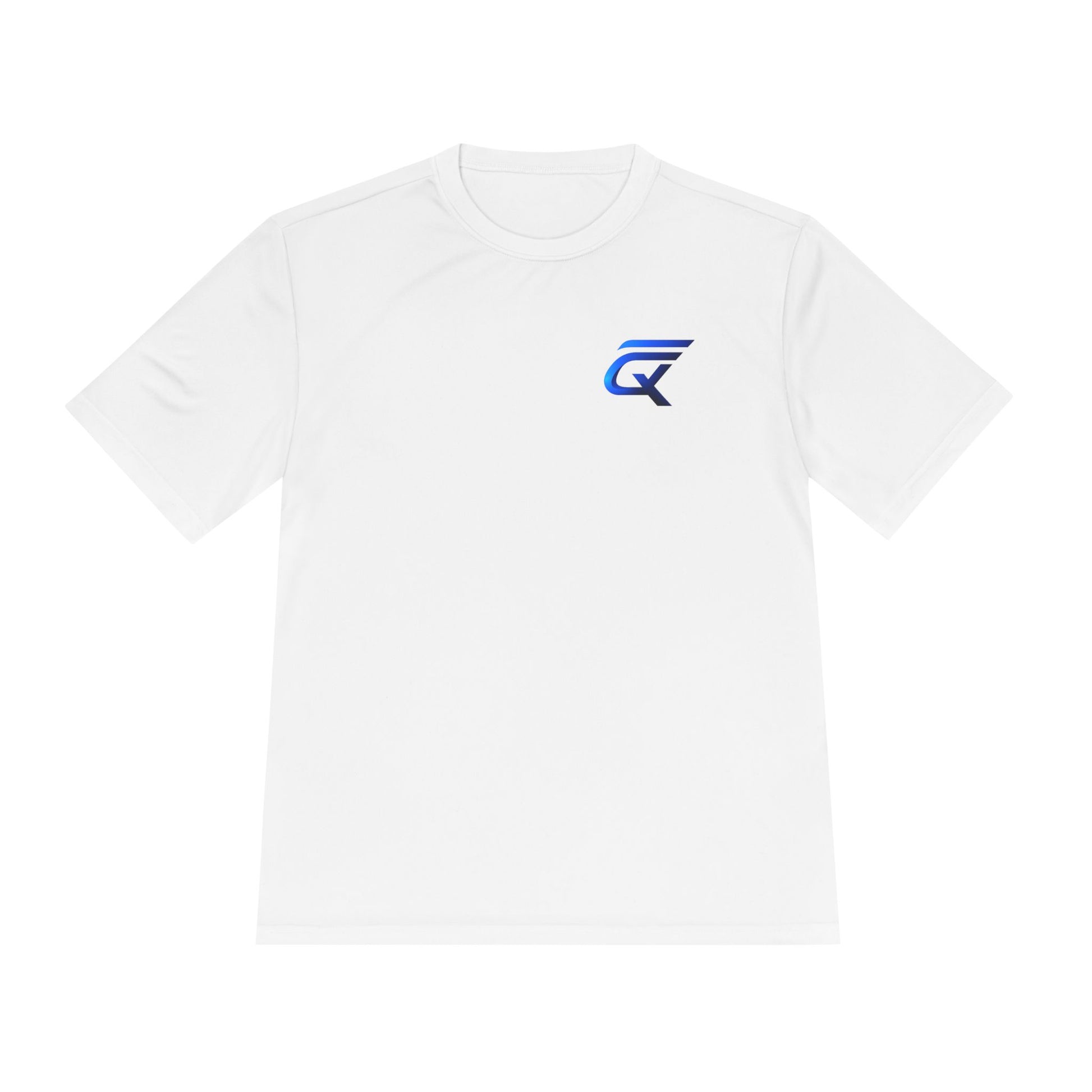 PosiCharge competitor tee in white, lightweight moisture-wicking polyester material featuring a blue logo.