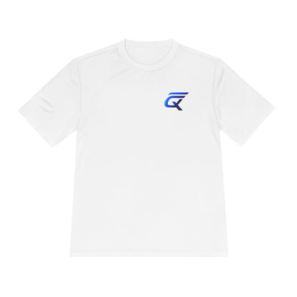 PosiCharge competitor tee in white, lightweight moisture-wicking polyester material featuring a blue logo.