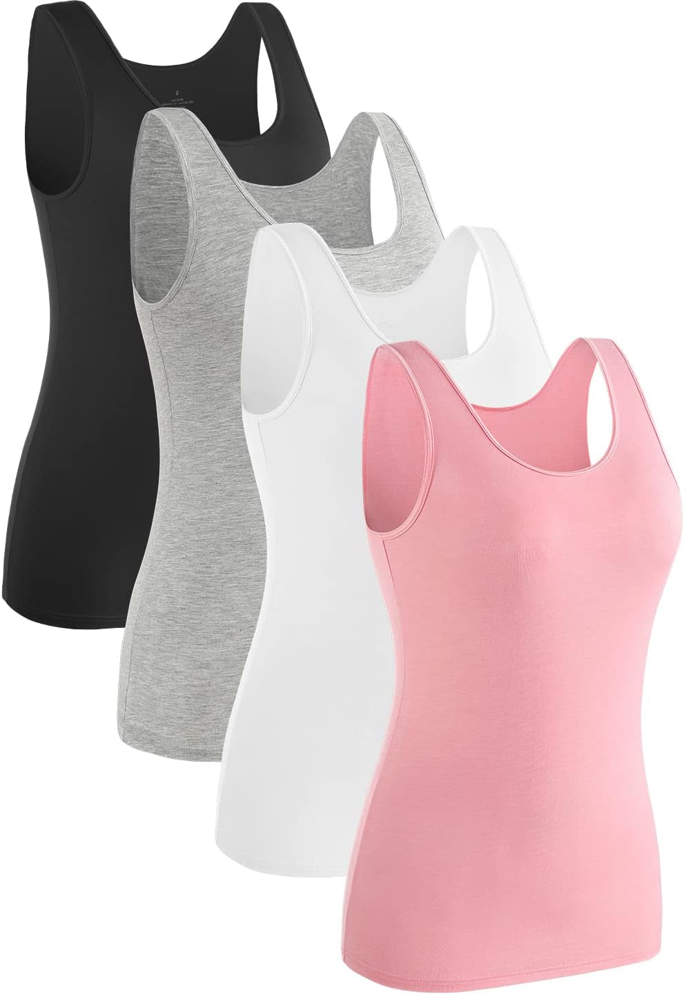 Rosyline four-piece women tank tops set, basic sleeveless undershirts for layering, in various colors displayed on a hanger.