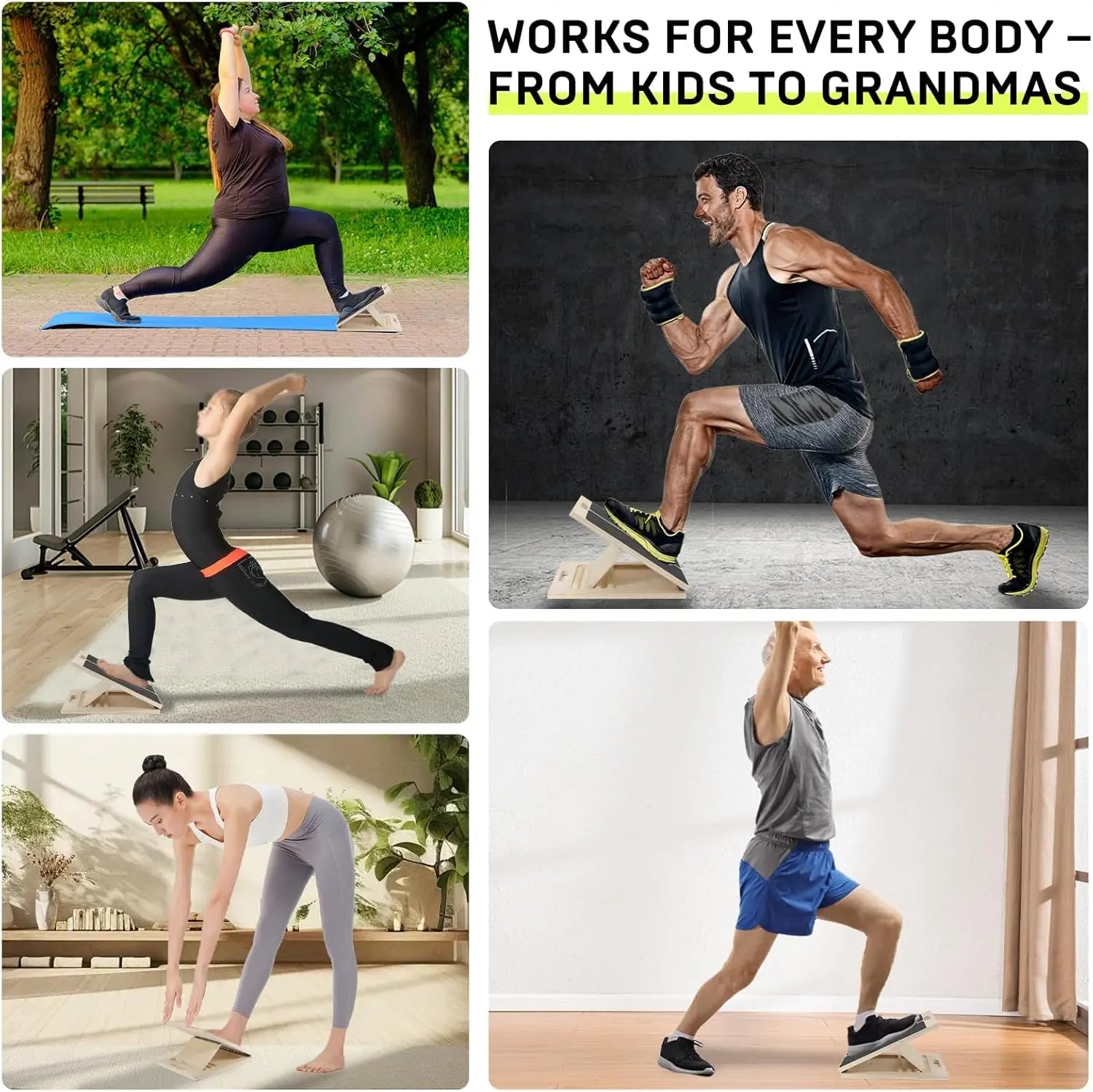 Adjustable wooden slant board for calf stretching and leg exercises, with a sturdy design and portable incline for fitness and therapy.