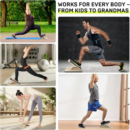 Adjustable wooden slant board for calf stretching and leg exercises, with a sturdy design and portable incline for fitness and therapy.