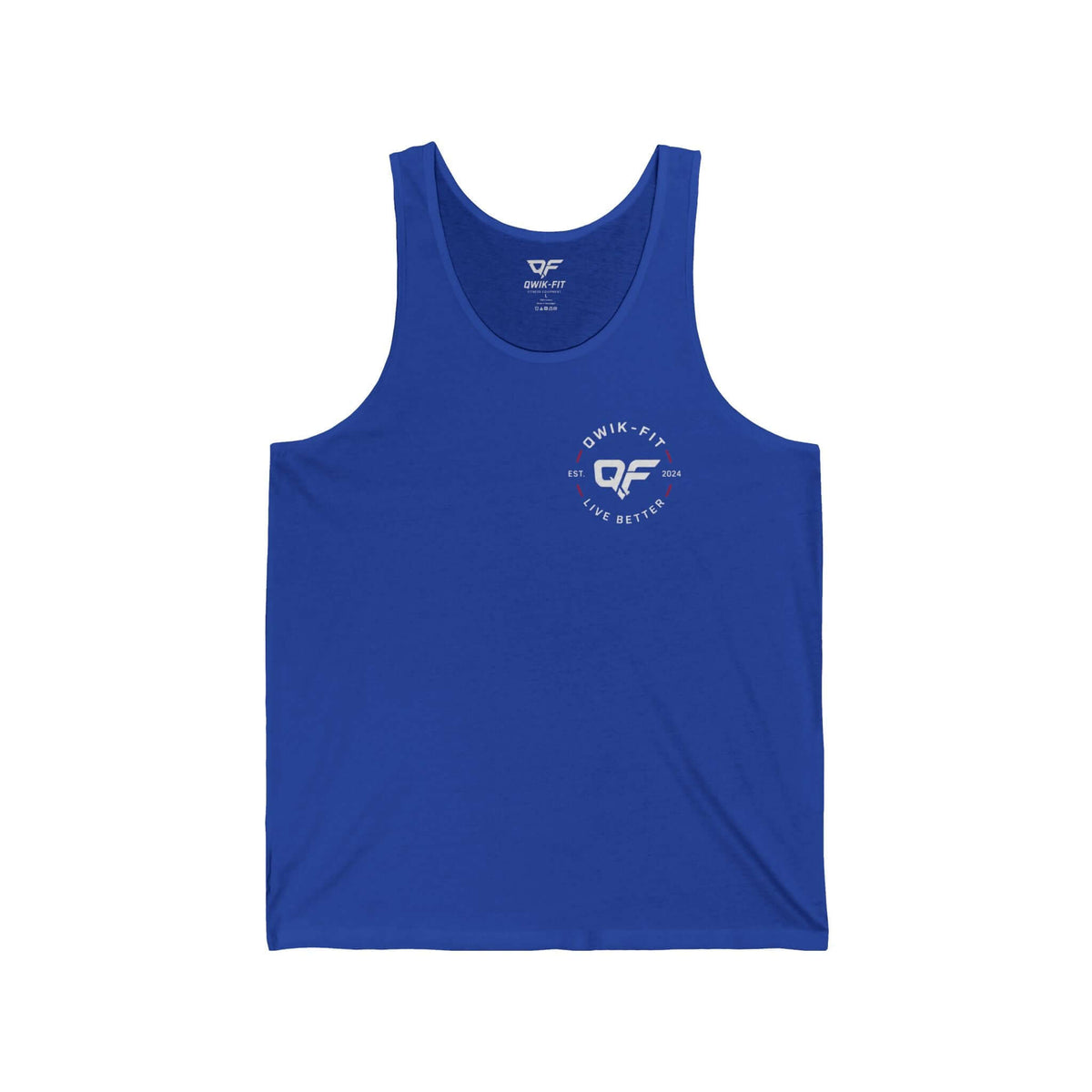 Minimalist white tank top in True Royal color with a clean pocket logo, perfect for casual summer wear.