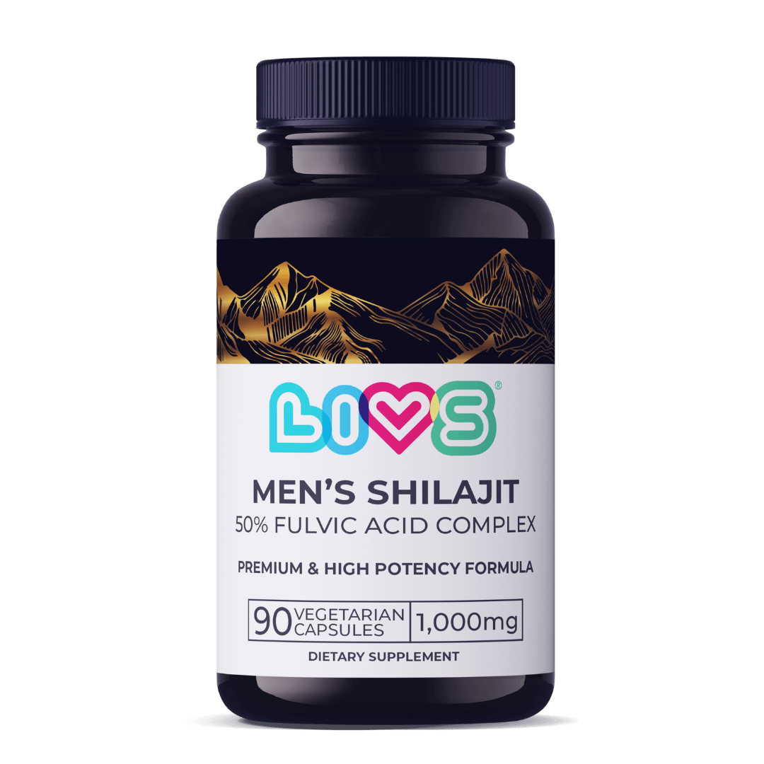 Men's Shilajit dietary supplement bottle featuring 90 vegetarian capsules with fulvic acid complex. High potency formula.