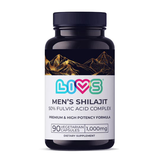 Men's Shilajit dietary supplement bottle featuring 90 vegetarian capsules with fulvic acid complex. High potency formula.