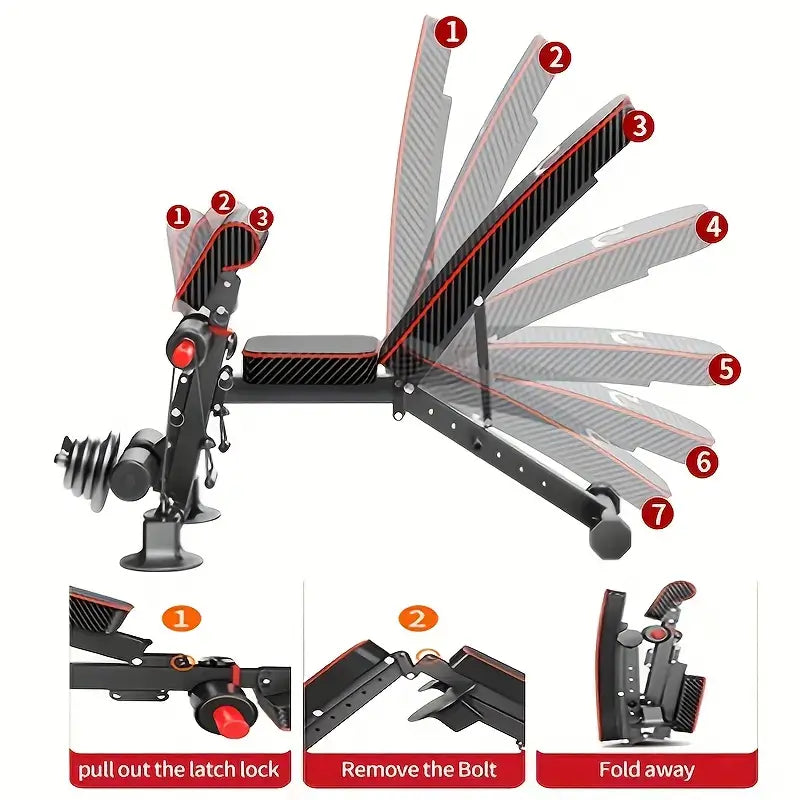 Adjustable Weight Bench for Full Body Exercise with foldable features and instructions for adjustments.