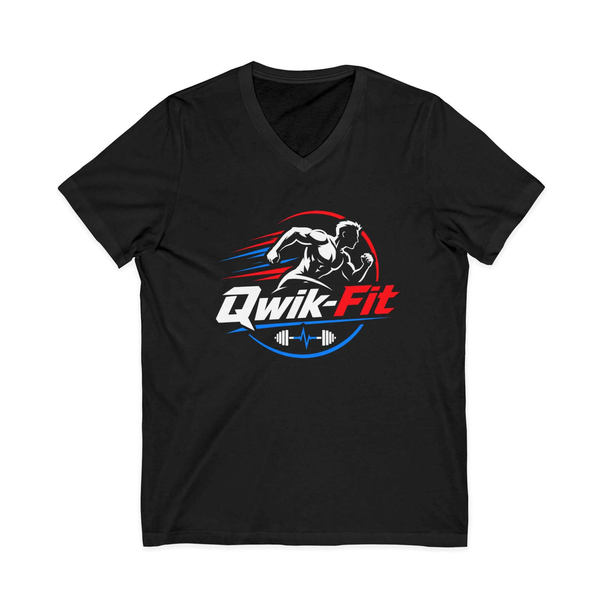 Black Qwik-Fit V-Neck Workout T-Shirt featuring a dynamic athletic logo for active lifestyle.