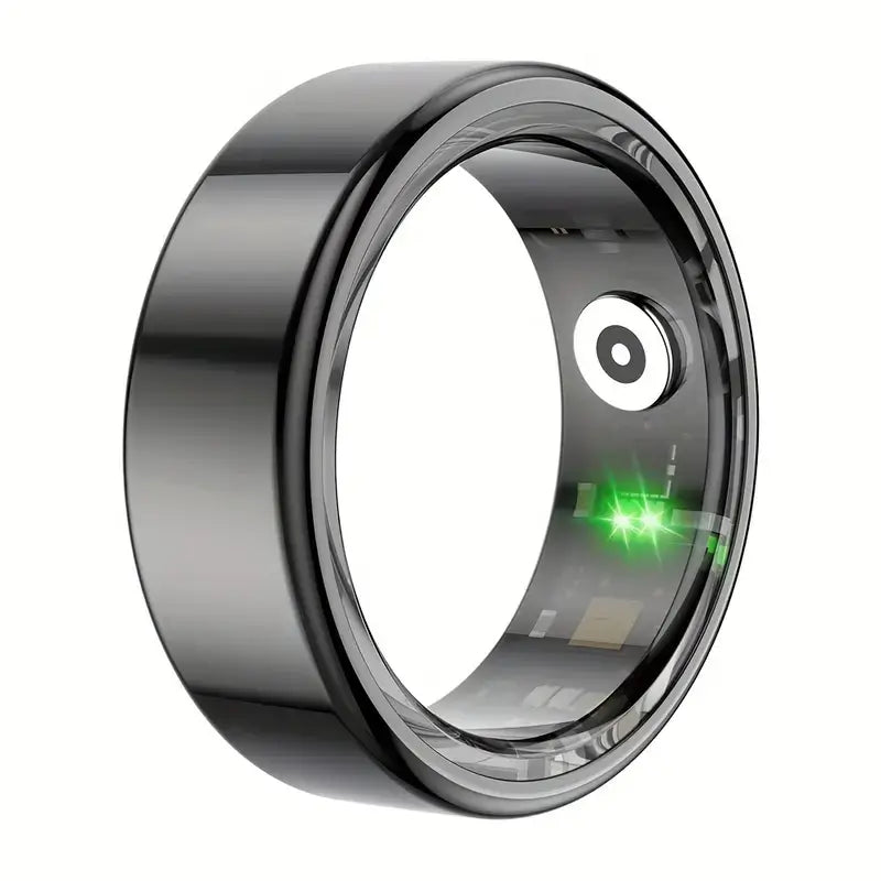 Smart Ring Fitness Tracker made of stainless steel, featuring a sleek black design and smart technology for fitness tracking.