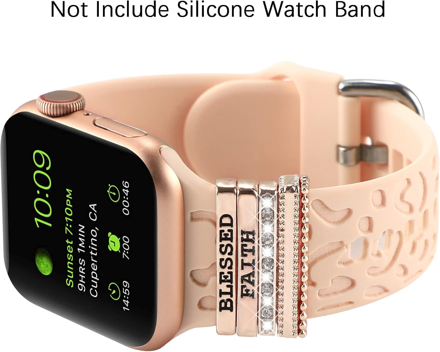 FERJITGR decorative silicone rings loops with metal diamond charms for Apple Watch bands, compatible with Series 3 to 11, 38mm to 49mm.
