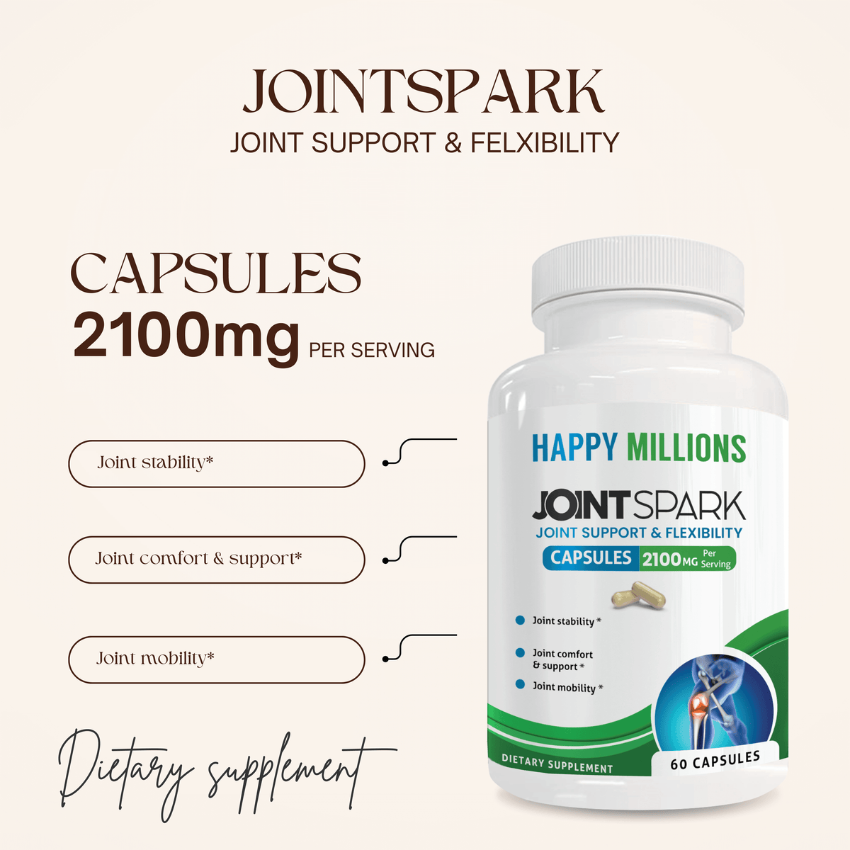 Jointspark joint support supplement showcasing 2100mg capsules for joint stability and mobility.