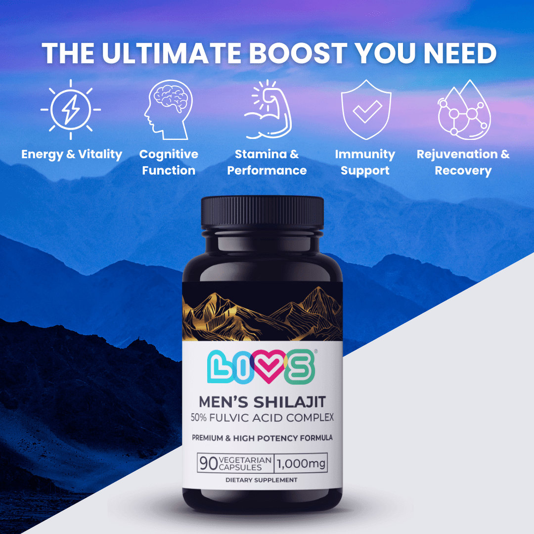 Men's Shilajit dietary supplement bottle with features for energy, vitality, cognitive function, and more.
